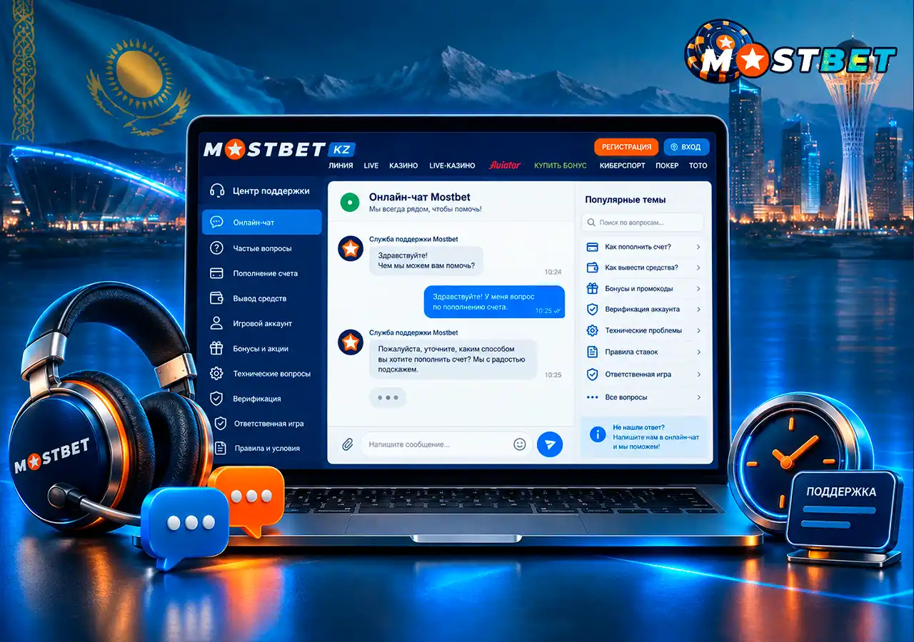 Онлайн-чат и каналы службы поддержки пользователей Mostbet в Казахстане.